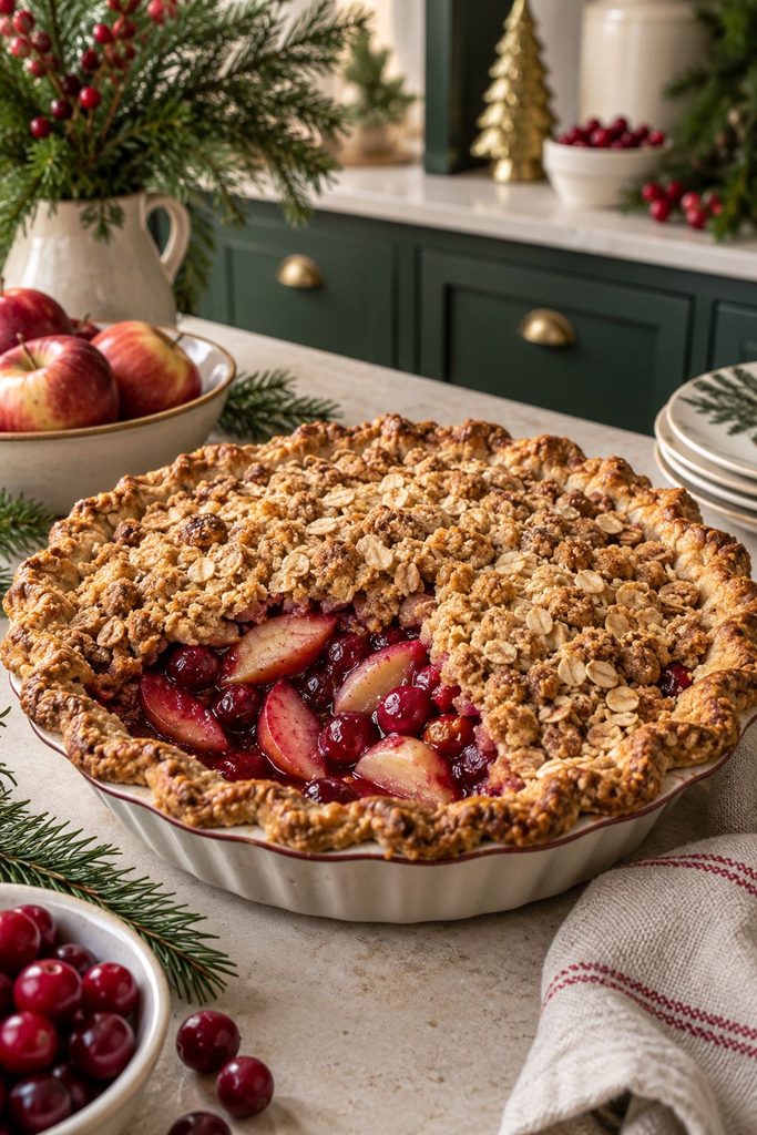 Rustic cranberry apple pie with a crumbly oat crust, sliced to show a tart-sweet filling