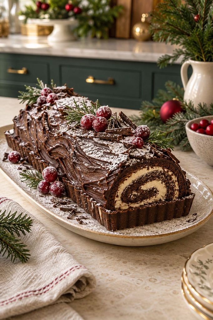 Log-shaped chocolate tart styled like a yule log, with bark texture in the chocolate ganache and meringue mushroom garnishes