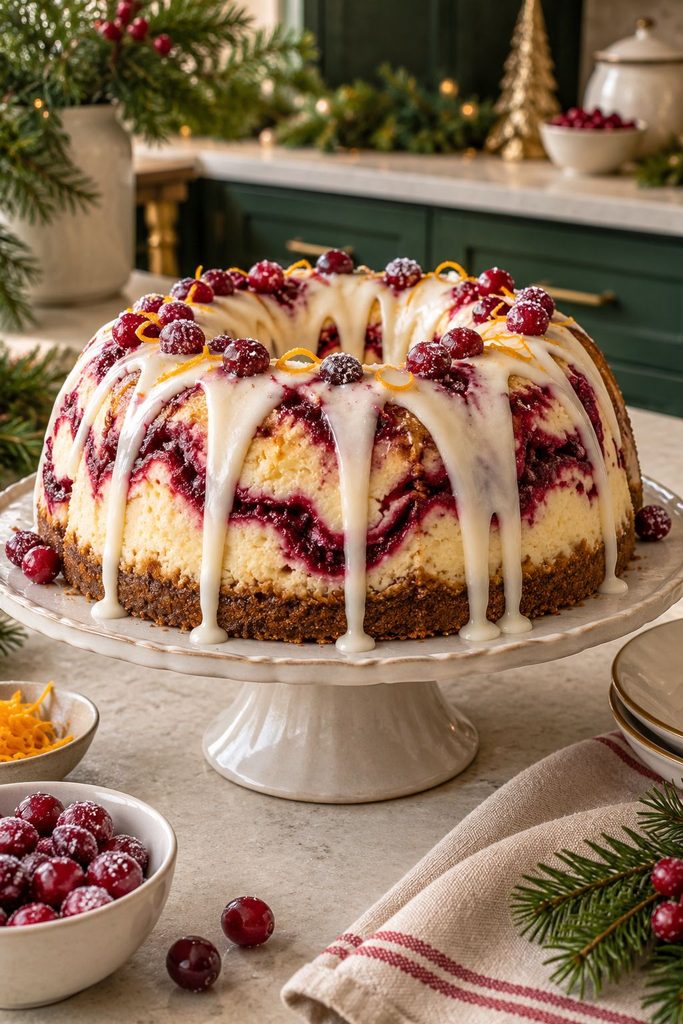 Cheesecake-style bundt cake with a visible cranberry swirl running through the crumb, dusted with powdered sugar