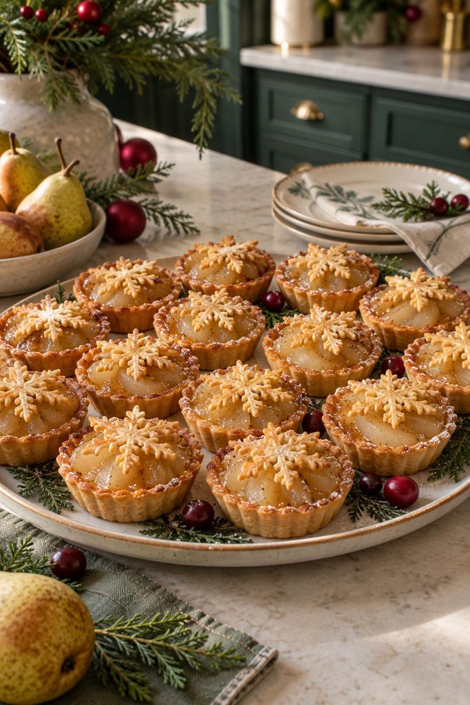 Small individual pear tarts with thin fanned pear slices arranged in a snowflake pattern and dusted with powdered sugar