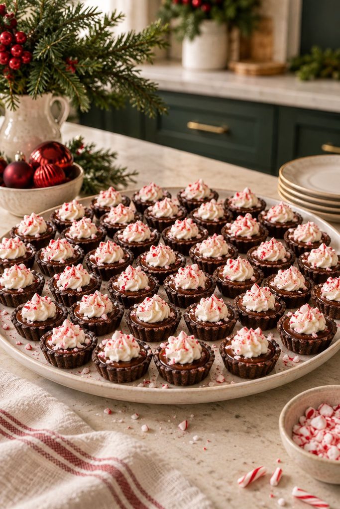 Small individual chocolate ganache tarts topped with crushed candy cane in a mini muffin tin