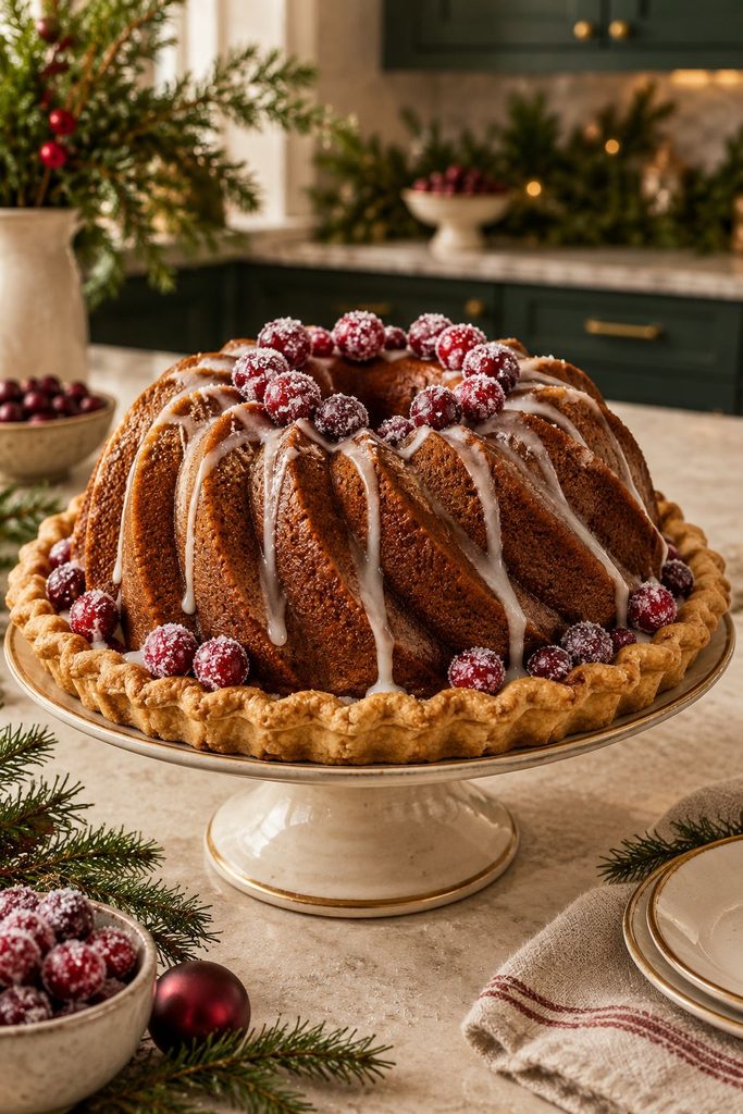 Dark gingerbread bundt cake glazed with white icing dripping down the sides, styled with a holly garnish