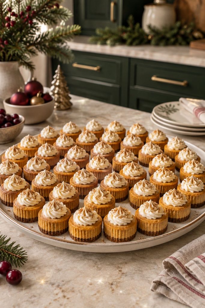 Individual pumpkin cheesecake bites in a muffin tin with gingersnap crusts, topped with whipped cream dollops