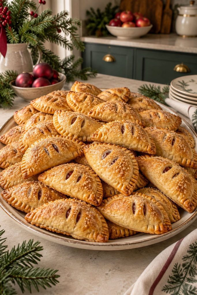 Golden hand pies filled with cinnamon apple, arranged on a rack with a light sugar glaze drizzle