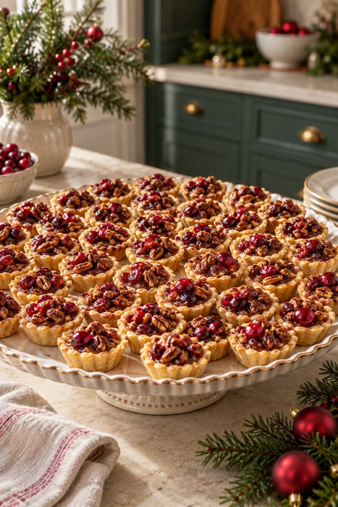 Row of mini cranberry pecan tarts in a muffin tin, glossy with caramelized topping