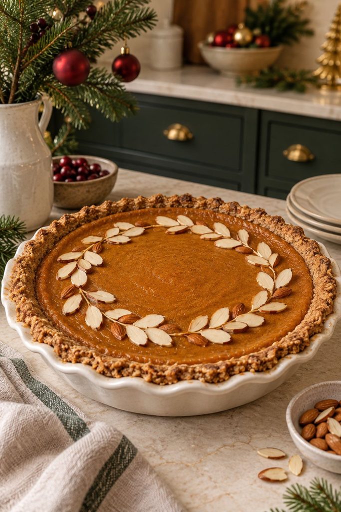 Pumpkin pie in an almond flour crust, sliced to show a golden, nutty crust edge