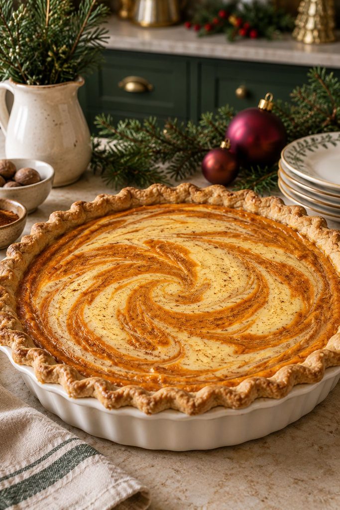 Swirled pumpkin and eggnog custard pie with a marbled orange and cream pattern