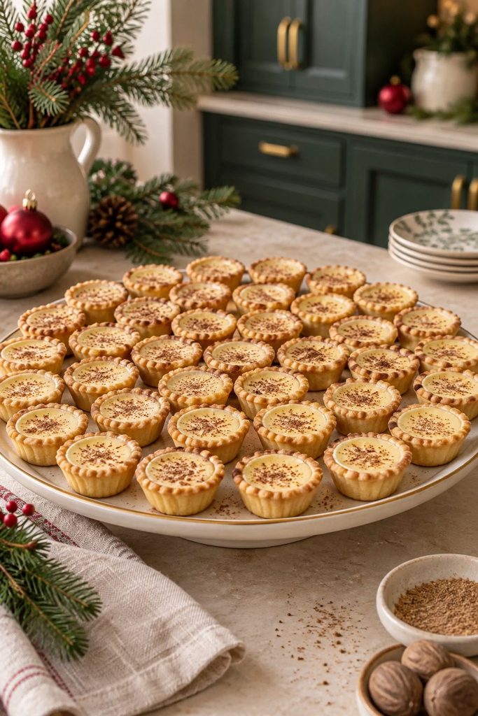 Small individual eggnog custard tarts in ramekins, each dusted with nutmeg