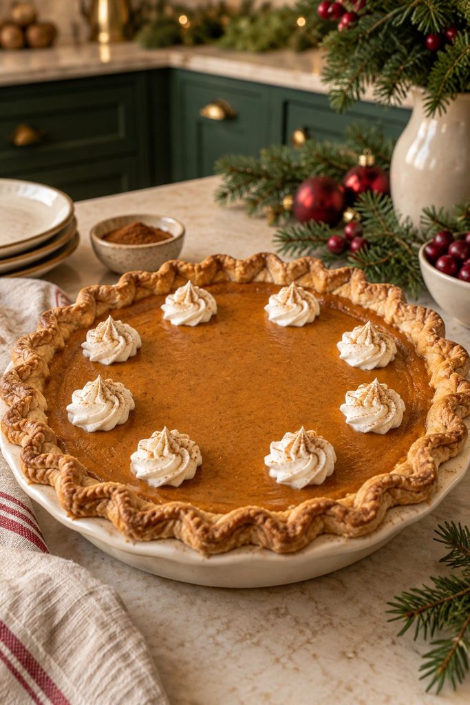 Traditional pumpkin pie with a fluted crust edge and a smooth, deep orange filling