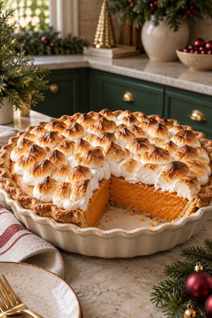 Sweet potato pie topped with toasted marshmallow peaks, golden and slightly charred at the tips