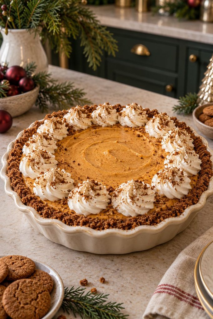 No-bake pumpkin mousse pie in a gingersnap crust, topped with whipped cream and a cinnamon dusting