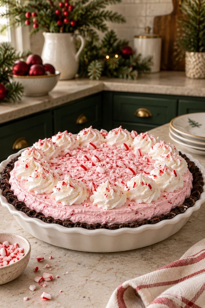 Frozen peppermint pie in a chocolate cookie crust, swirled with pink and white layers and topped with candy cane pieces