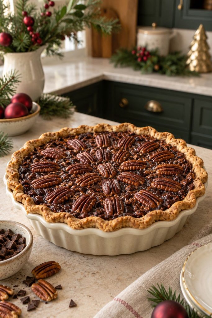 Crustless flourless chocolate pecan pie, dense and fudgy, sliced to show a shiny top and gooey interior