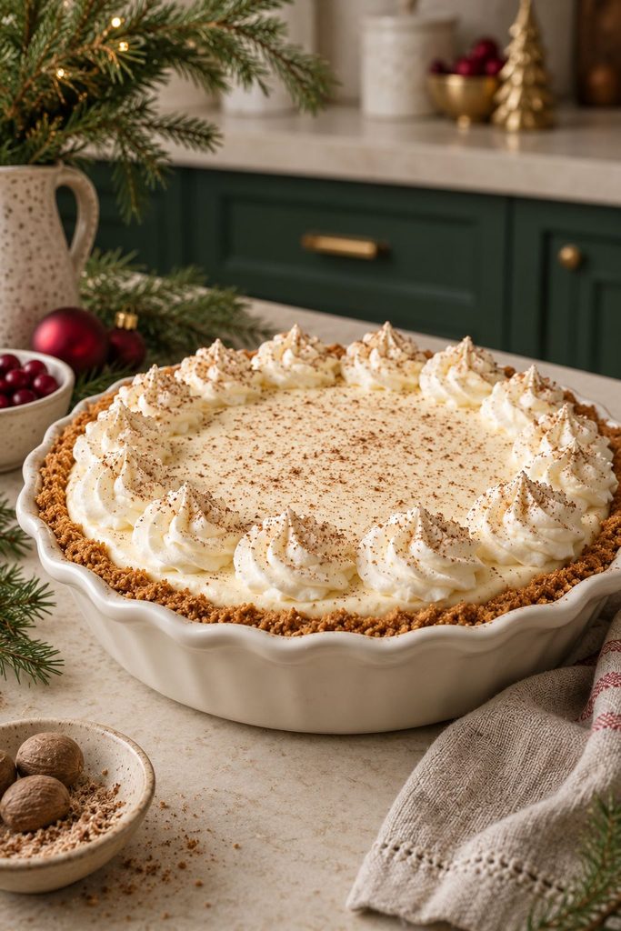 Creamy eggnog icebox pie in a gingersnap crust, dusted with nutmeg