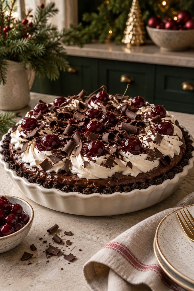 Chocolate pie topped with a cherry compote layer, whipped cream, and dark chocolate curls