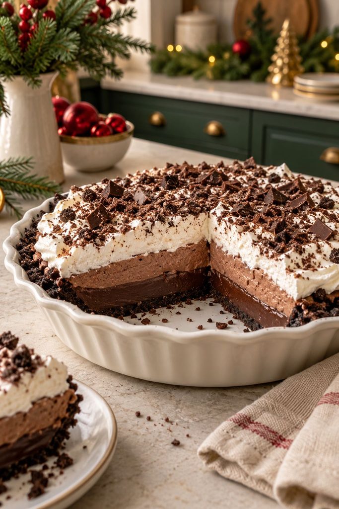 Layered Mississippi mud pie with fudgy brownie base, chocolate pudding, whipped cream, and chocolate shavings
