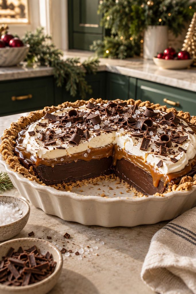 Dark chocolate pie with a molten-looking caramel layer and flaky sea salt scattered across the top