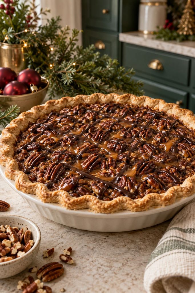 Pecan pie layered with caramel and chocolate drizzle, styled with clusters of pecans like a turtle candy