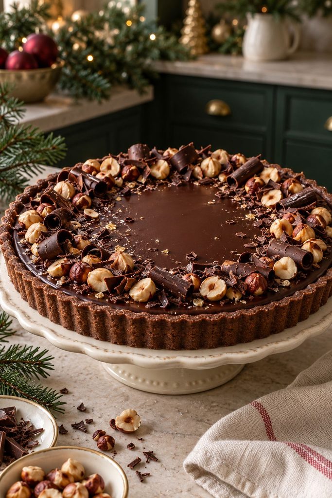 Sleek chocolate ganache tart in a hazelnut crust, topped with whole toasted hazelnuts arranged in a ring