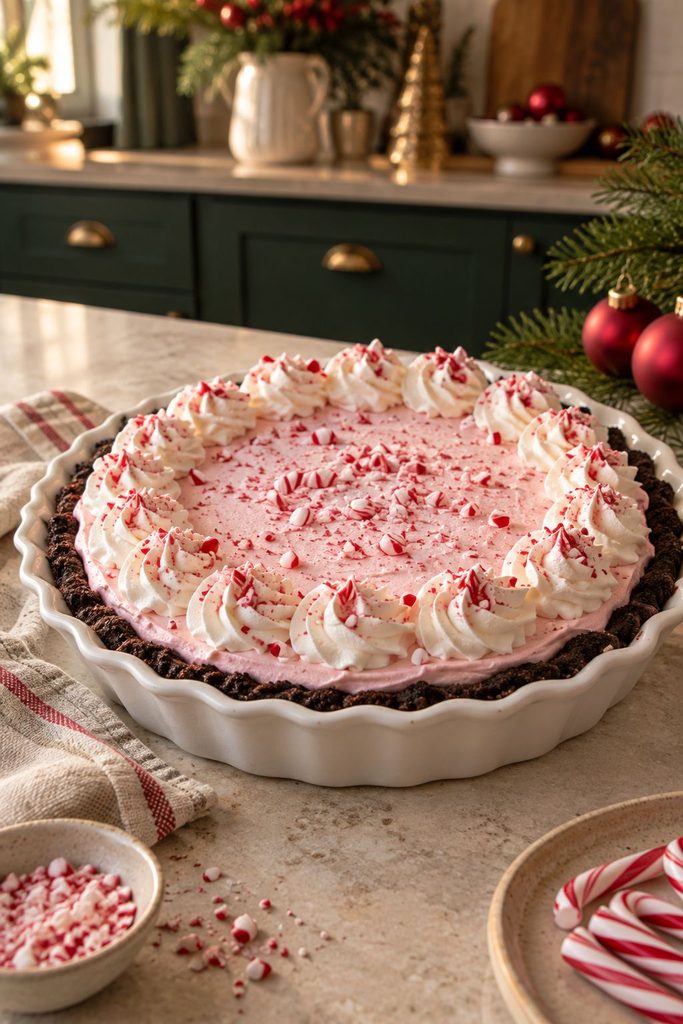 Pale pink peppermint mousse pie in a chocolate cookie crust, topped with crushed candy cane
