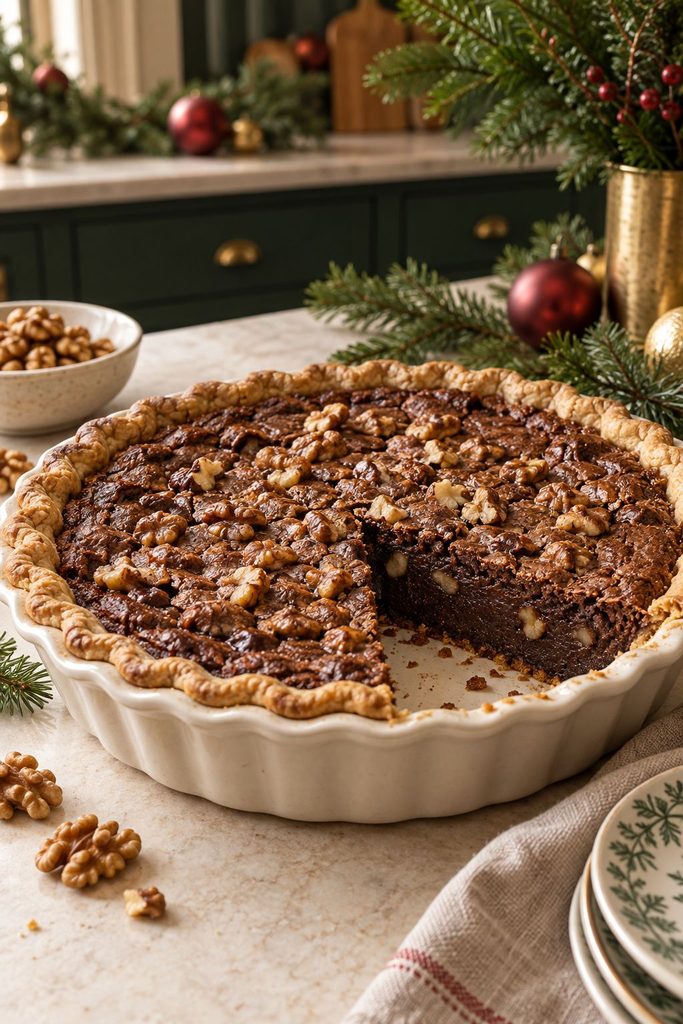 Dense, brownie-like walnut fudge pie sliced to show a gooey, fudgy interior studded with walnuts