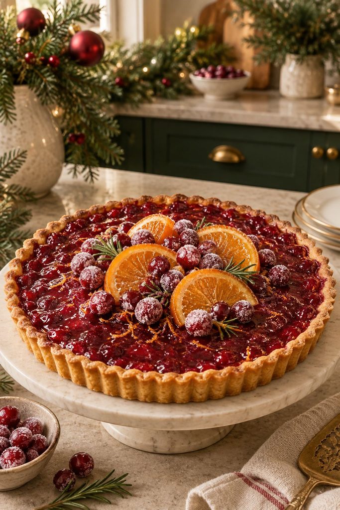Glossy cranberry orange tart with a hint of orange liqueur, garnished with candied orange peel