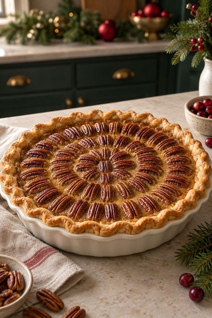 Glossy maple pecan custard pie with a spiral of whole pecans set into a smooth amber filling