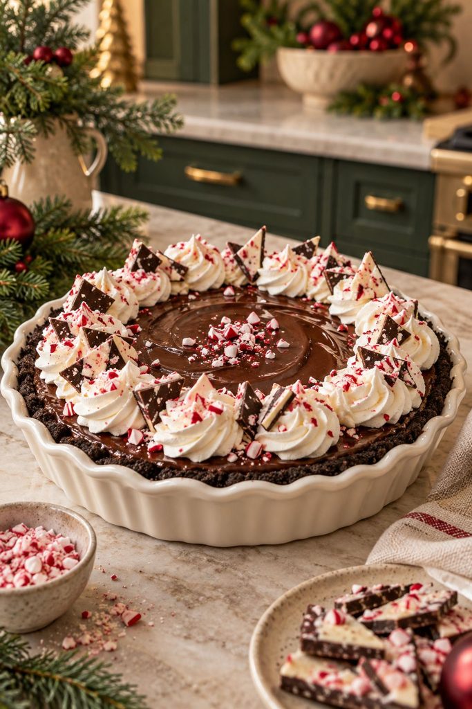 Glossy dark chocolate silk pie topped with whipped cream swirls and peppermint bark shards