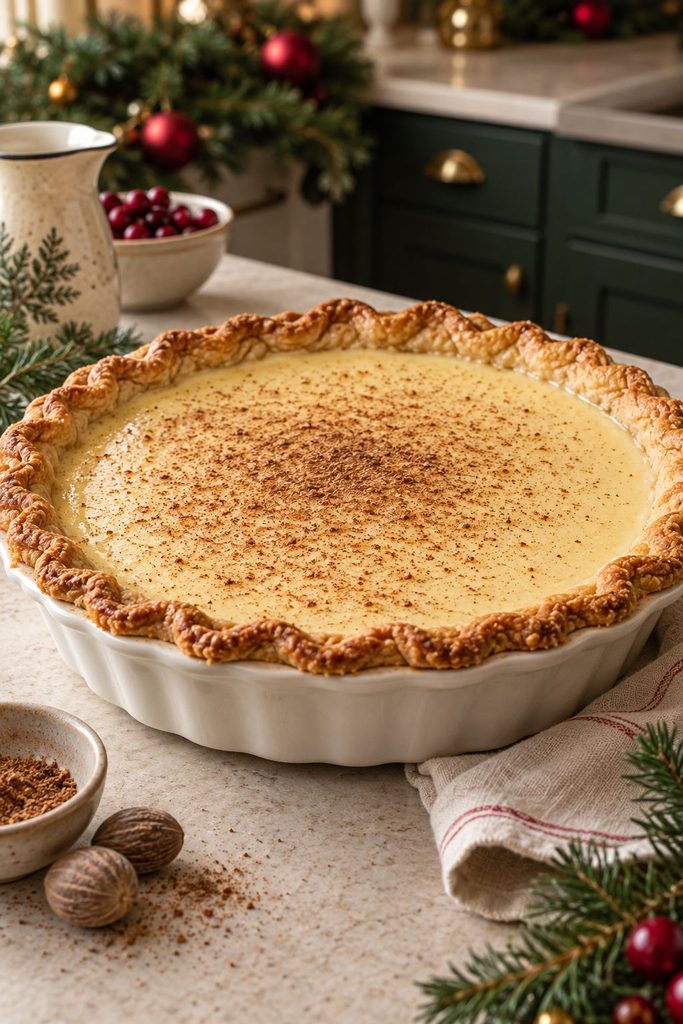 Silky eggnog custard pie dusted with freshly grated nutmeg and a cinnamon stick garnish