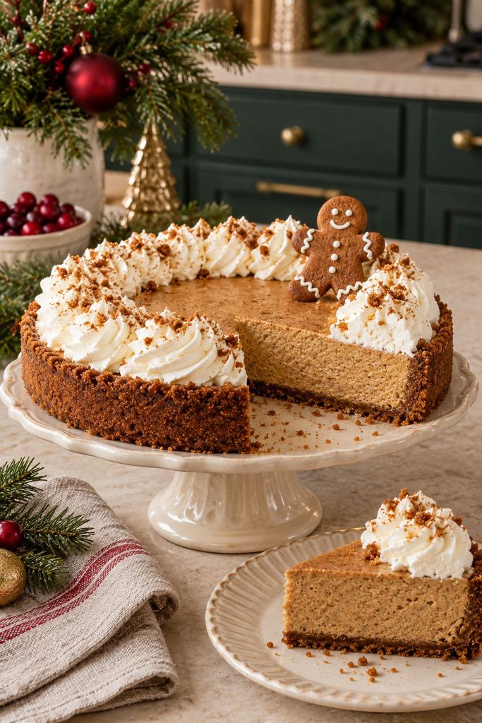 Dense spiced gingerbread cheesecake pie in a gingersnap crust, topped with whipped cream and a gingerbread cookie garnish