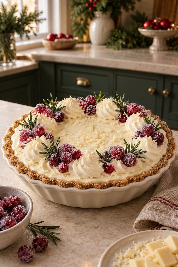 White chocolate cream pie topped with sugared cranberries and fresh rosemary sprigs