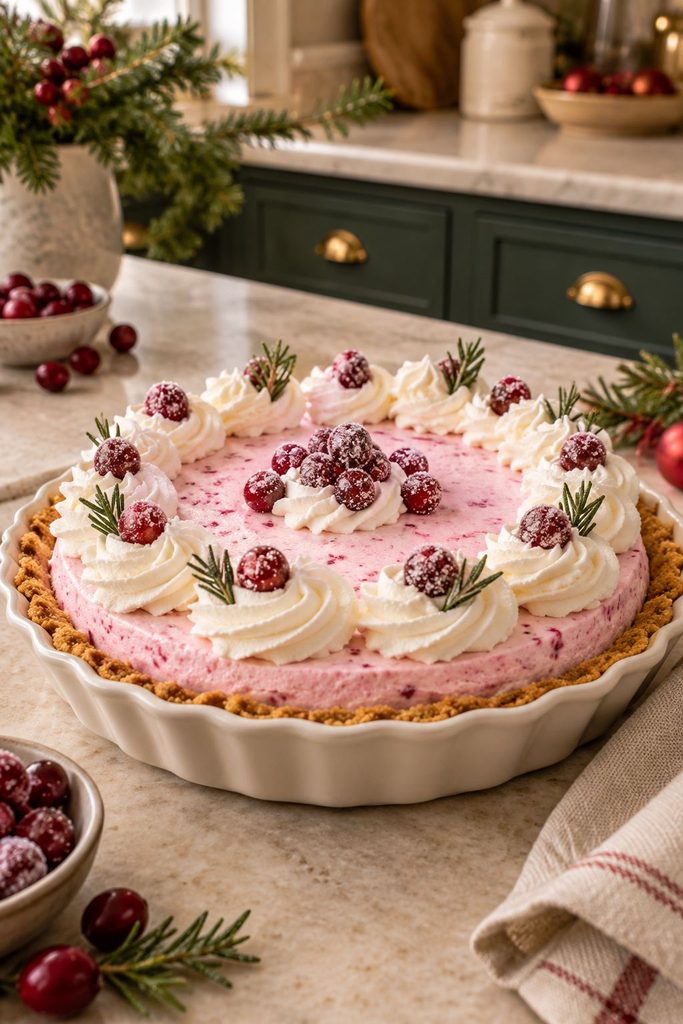 Pastel pink cranberry chiffon pie topped with whipped cream rosettes and sugared cranberries