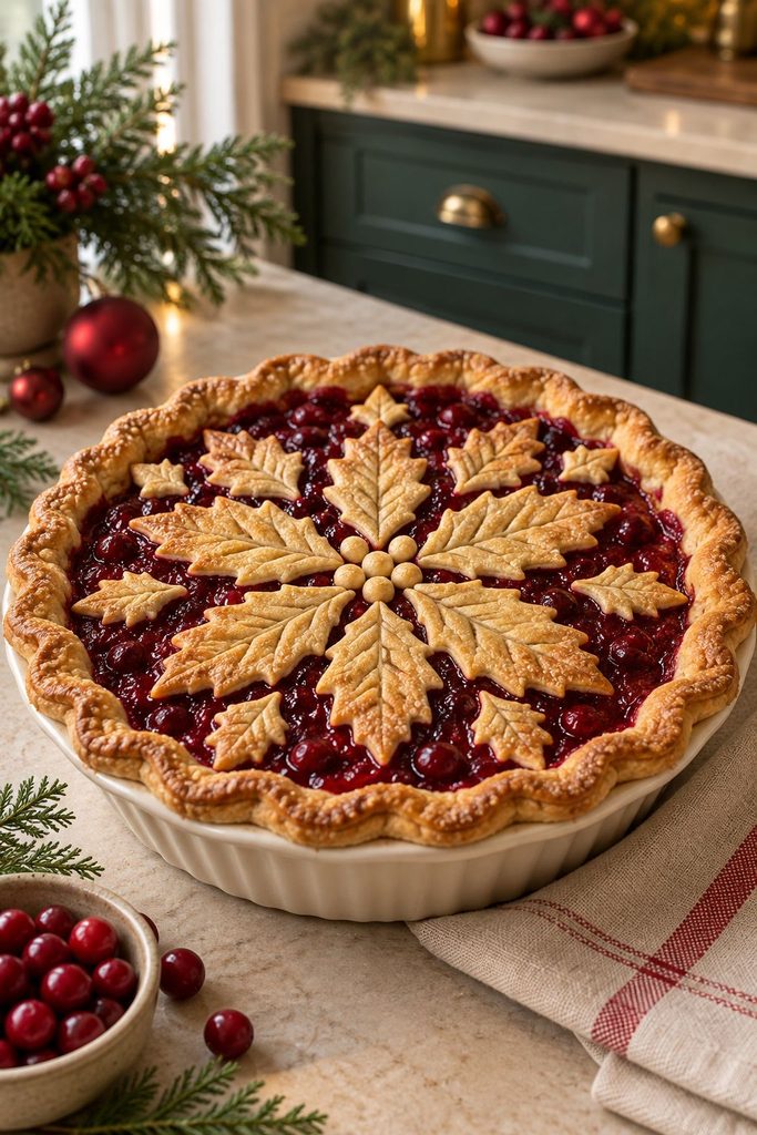 Deep-dish cranberry pie with golden pastry leaf cutouts arranged in a snowflake pattern