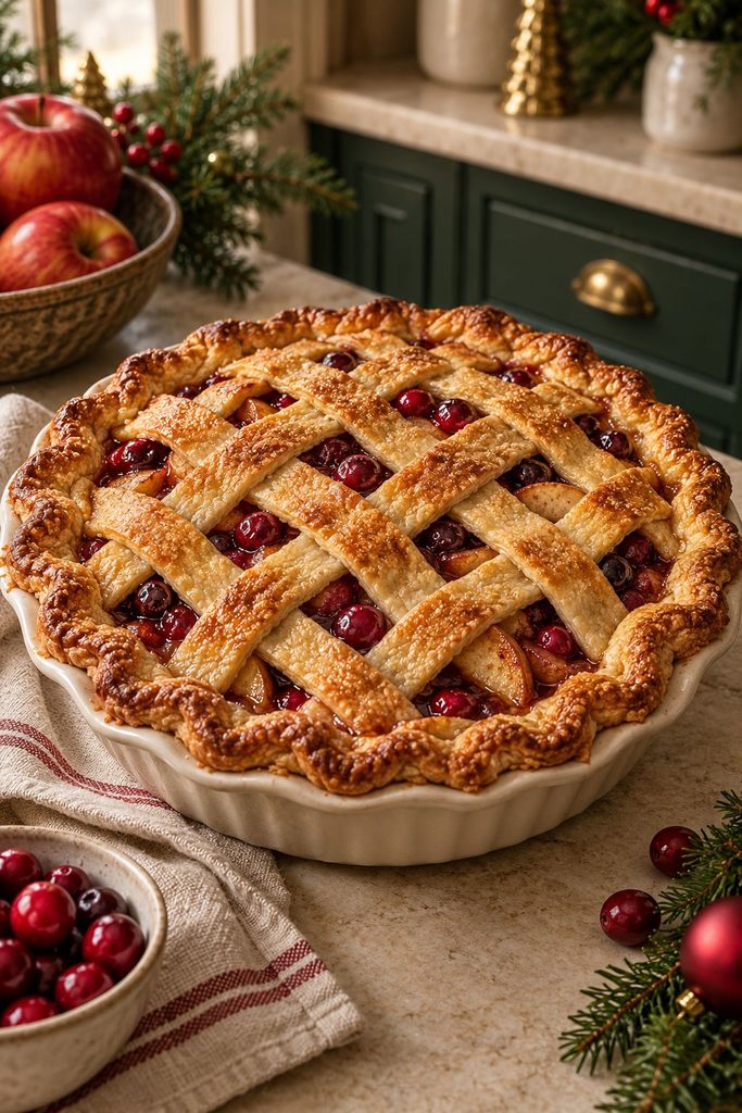 Golden lattice-topped apple cranberry pie with ruby cranberries peeking through the woven crust