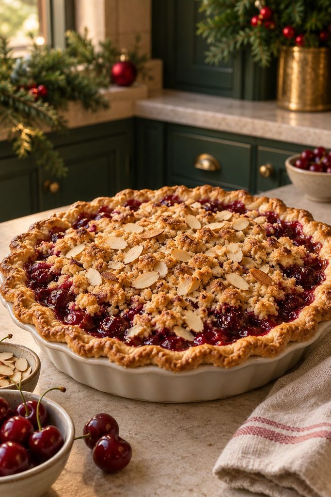 Cherry pie with a golden almond streusel topping and sliced almonds scattered over the surface