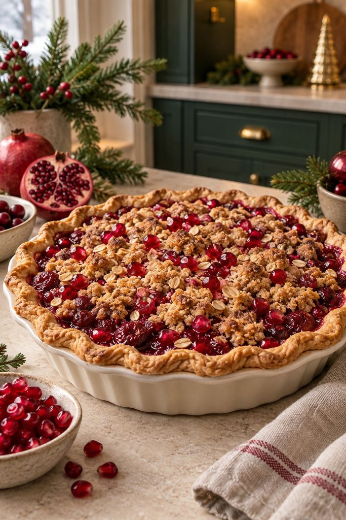 Ruby-toned crumble pie with pomegranate arils scattered across a buttery oat topping