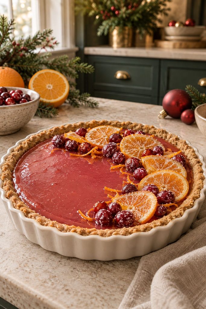 Smooth orange-pink cranberry curd pie in a shortbread crust, garnished with candied orange slices