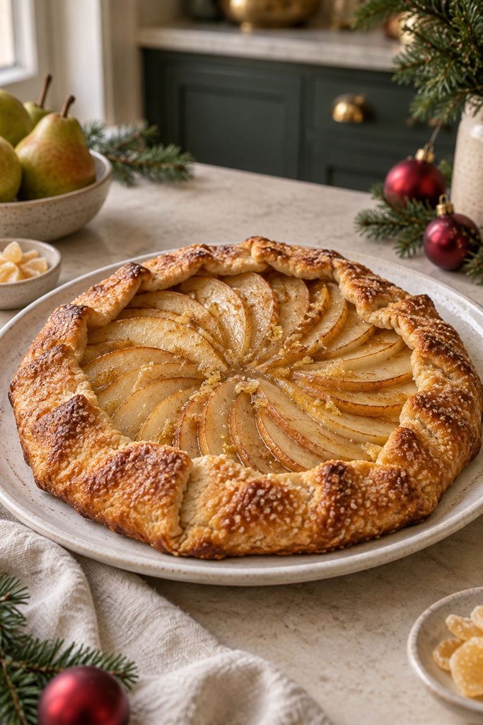Rustic free-form pear galette with fanned pear slices and a crackly, buttery crust dusted with sugar