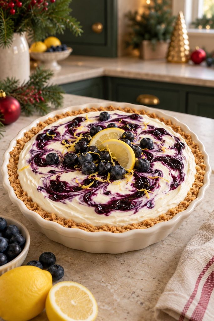 No-bake blueberry lemon cheesecake pie with a graham crust and swirled blueberry topping