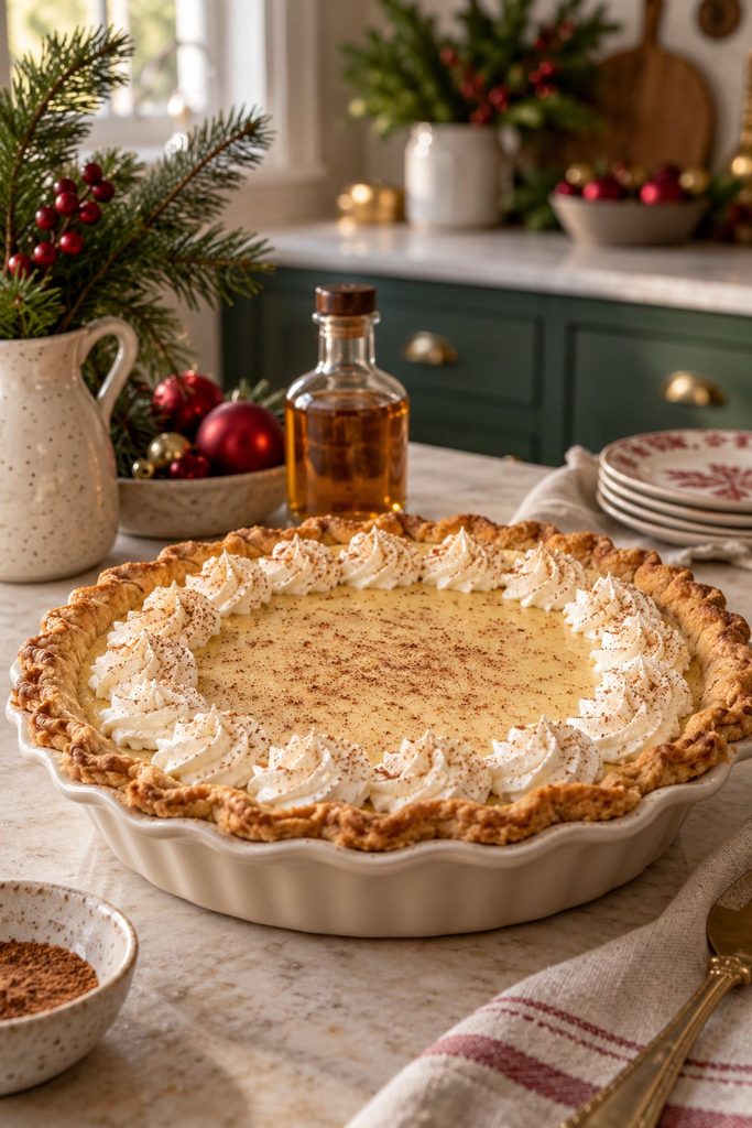 Creamy eggnog pie with a splash of bourbon, garnished with a cinnamon stick and nutmeg dusting