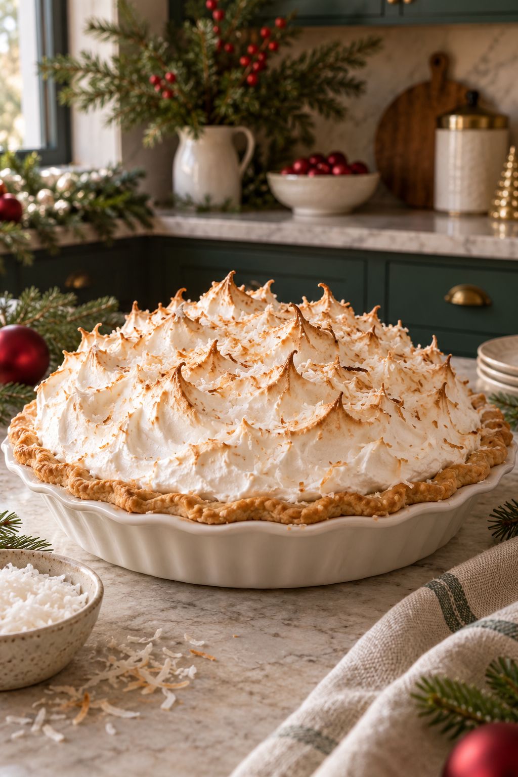 Pie with a towering, toasted coconut meringue topping, swirled like snowdrifts