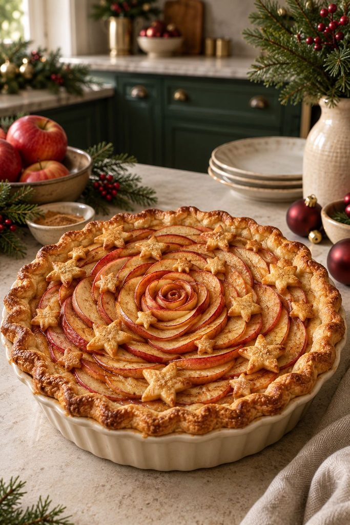 Apple pie topped with thin apple slices rolled into rose shapes, dusted with cinnamon sugar