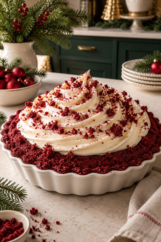 Red velvet bundt cake topped with swirled vanilla frosting, styled like a holiday pie