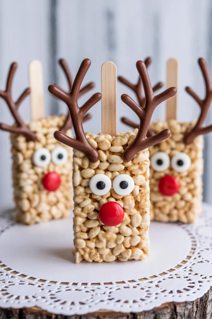 Triangle-shaped rice krispie treats decorated as reindeer faces with pretzel antlers