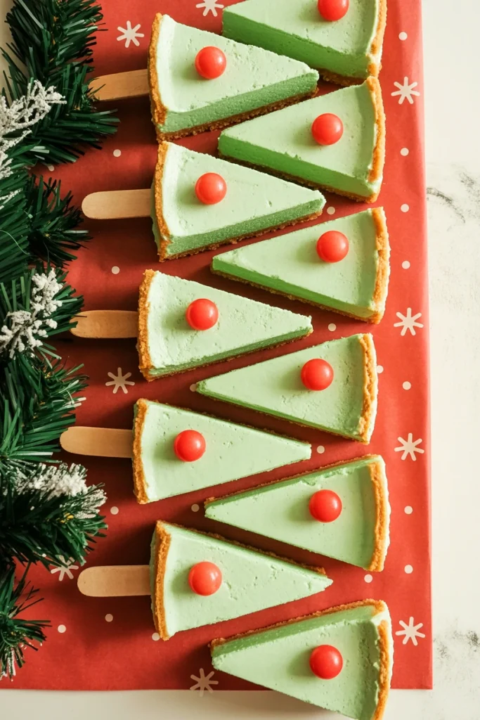 Cone-shaped green cheesecake pops on sticks decorated with sprinkle ornaments and a star