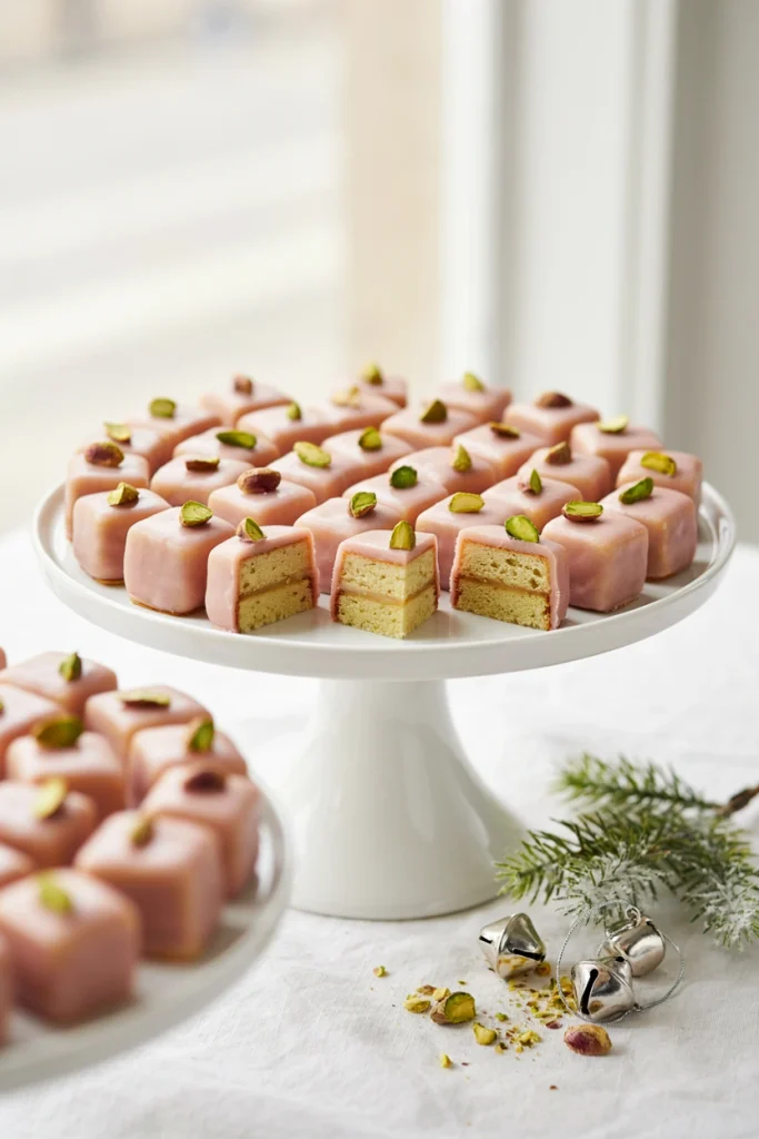 Tiny square cakes coated in pale pink fondant, each topped with a sliver of pistachio, arranged in neat rows on a cake stand.
