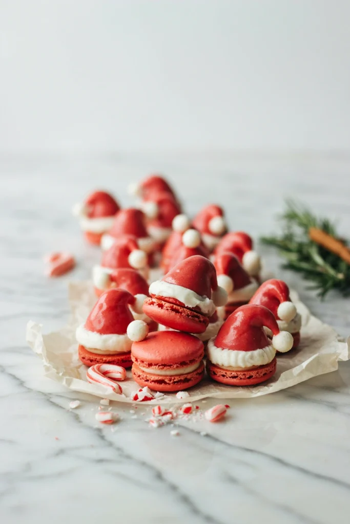 Red and white macaron shells decorated to look like tiny Santa hats, with a dollop of white buttercream 'fur' trim, lined up on parchment.