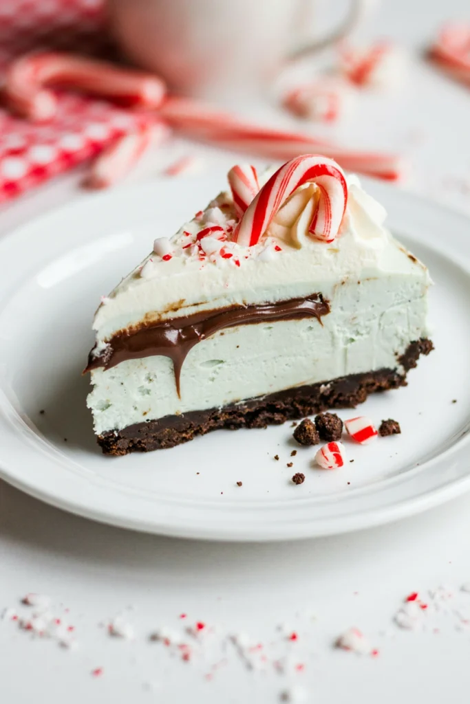 A slice of chocolate peppermint freezer pie with a cookie crust, minty filling, and whipped cream topping