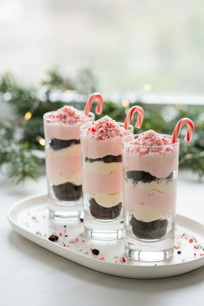 Layered glass parfaits alternating pale pink peppermint mousse and crushed chocolate cookie crumbs, topped with a mini candy cane.