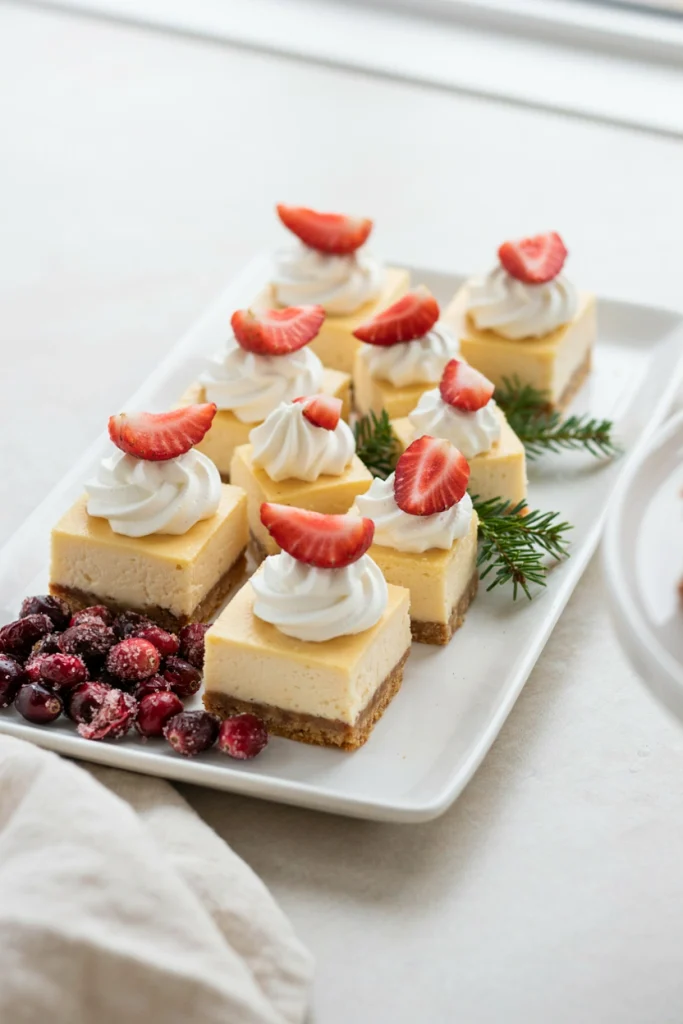 Bite-sized cheesecake squares topped with a strawberry half and a swirl of whipped cream to resemble tiny Santa hats, arranged on a platter.